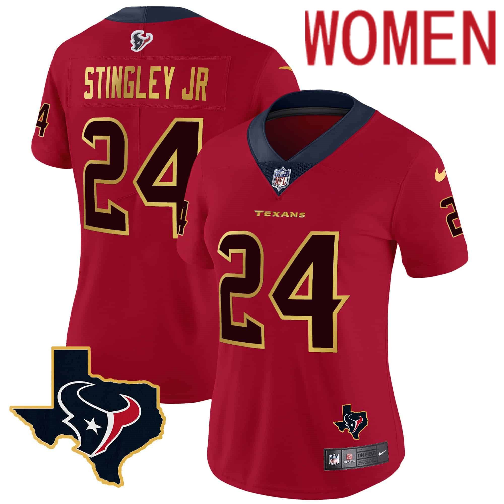 Women Houston Texans #24 Stingley jr Red Gold 2024 Nike Trim Vapor NFL Jersey